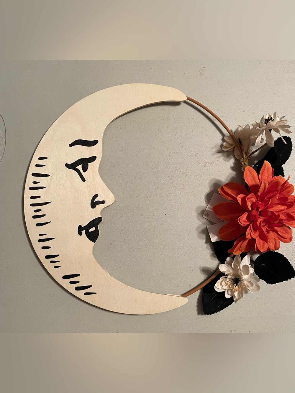 Handcrafted Crescent Moon Wall Decor with Orange Floral Accent Boho 12” New